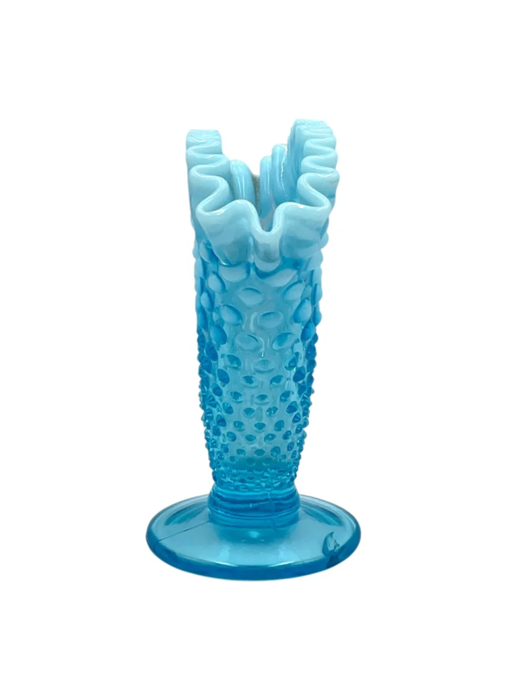Vintage Fenton Blue Opalescent Hobnail Ruffled Fan Vase & Bon Bon Dish